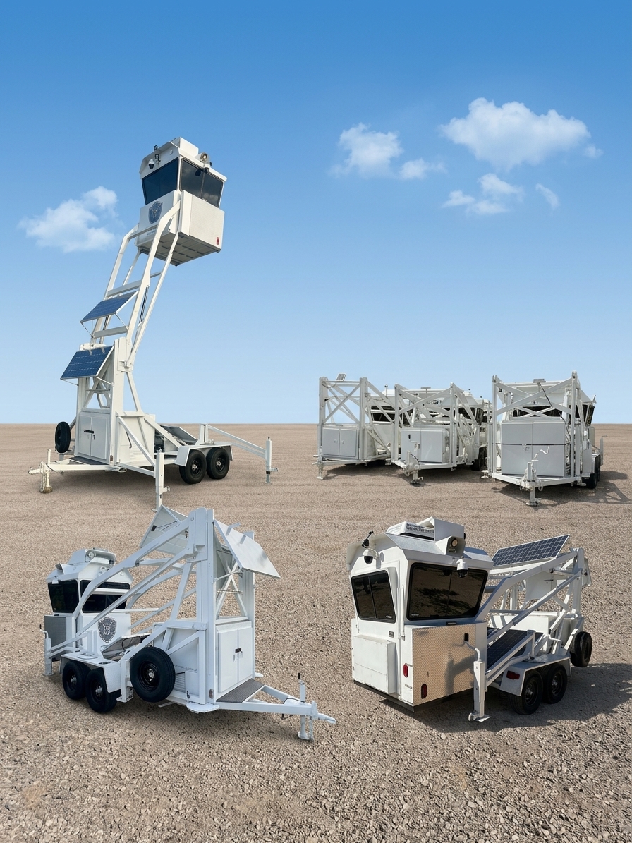 Extended and folded surveillance tower units arranged in an open field