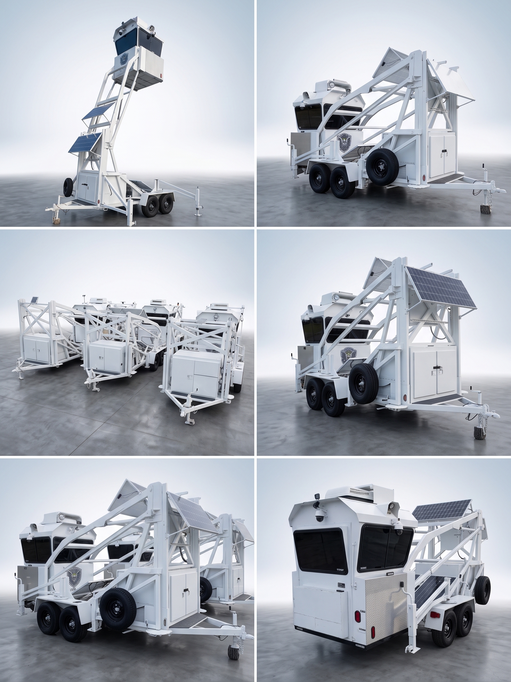 Six-view studio overview of the autonomous surveillance tower fleet